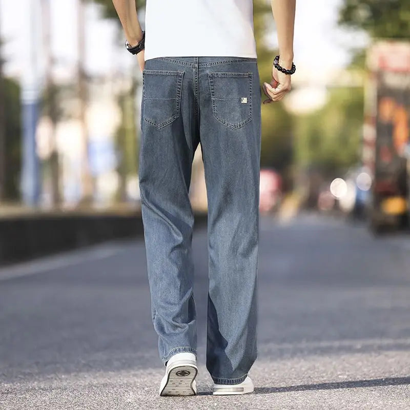 2025 New Ice Silk Thin Denim Jeans For Men Blue Straight Stretch Cotton Pants Business Casual Lightweight Trousers Spring Summer