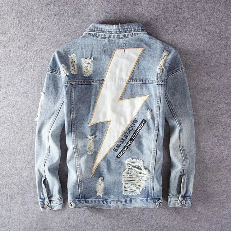 New men's denim jacket embroidered print fashion retro ripped street jacket men