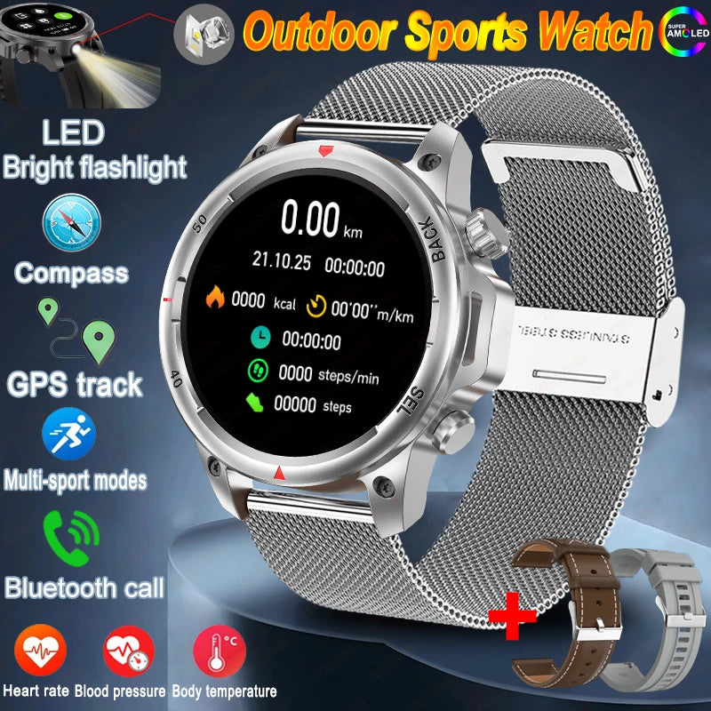 For Huawei Bluetooth Call Smart Watch Men AMOLED HD Large Screen With Flashlight Heart Rate NFC Waterproof GPS Sports SmartWatch