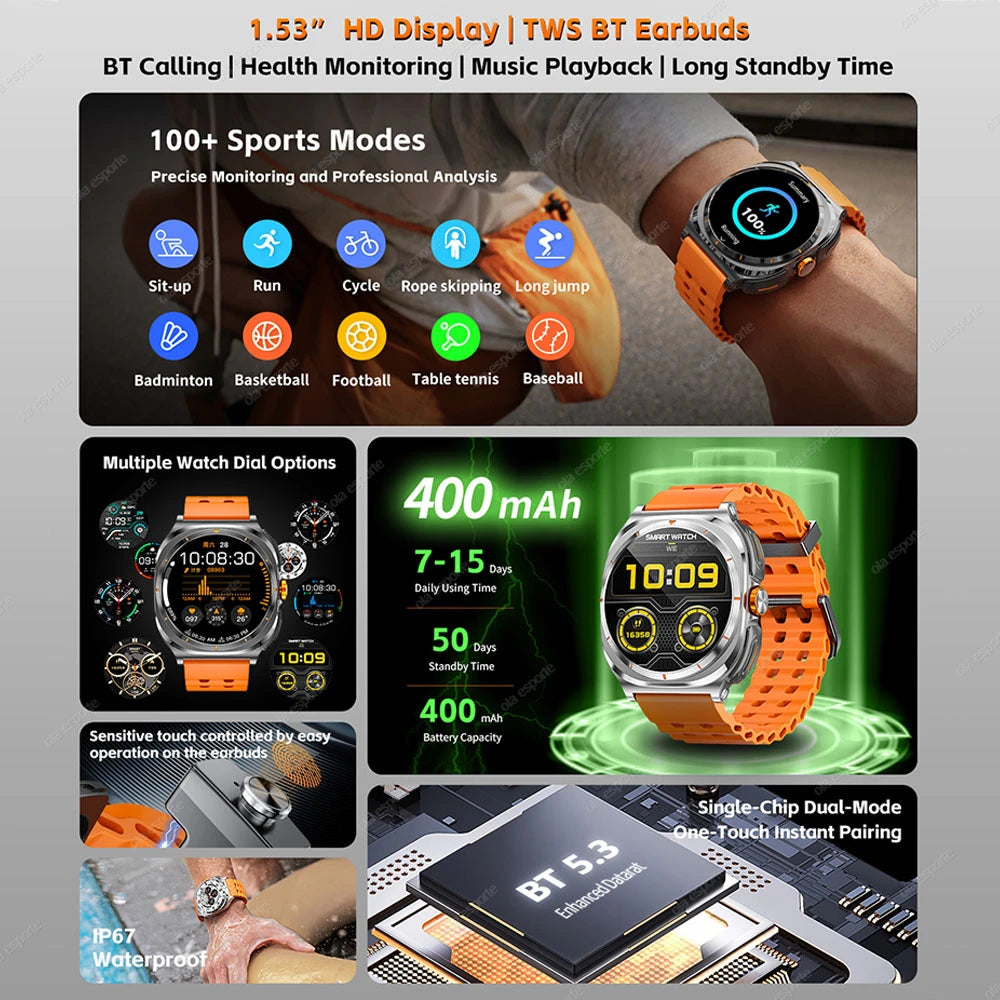 New GT98 Smart Watch TWS Headset 2 In 1 AMOLED Wireless Headset Bluetooth Call Outdoor Sport Music Health Monitor Smartwatch Men