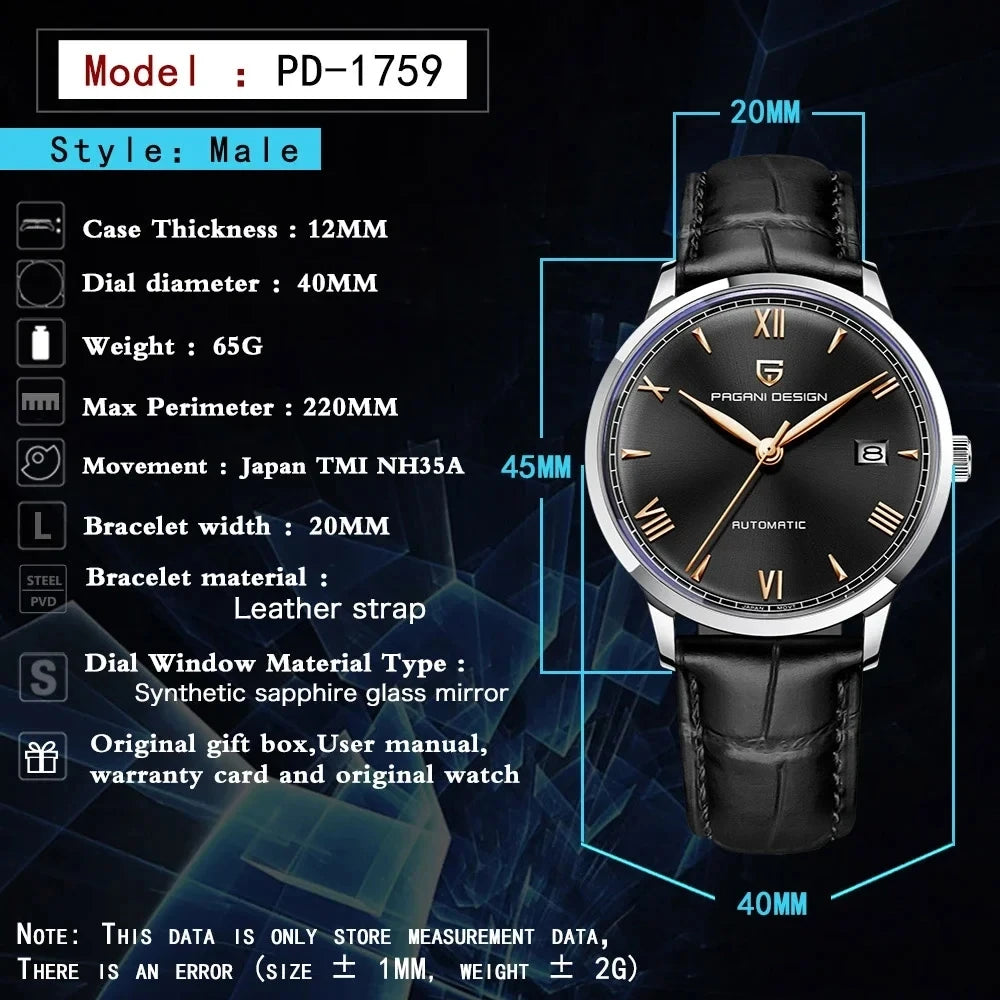 PAGANI DESIGN 40MM Business Men Mechanical Watches NH35 Luxury Sapphire Glass 10Bar Waterproof Automatic Watches for Men Gift