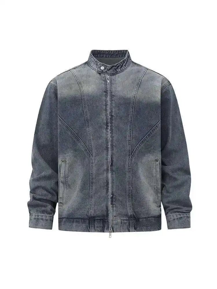 Korean Style Men's Wear Stand Collar Short Denim Jackets Niche Design Male Loose Zipper Coats New 2025 Autumn