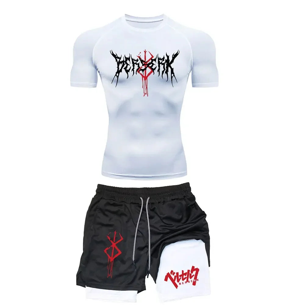 Anime Berserk Compression Set Men's Workout Gym Tshirts Breathable Running Shorts Quick Dry Sports Rash Guard Sportwear Set