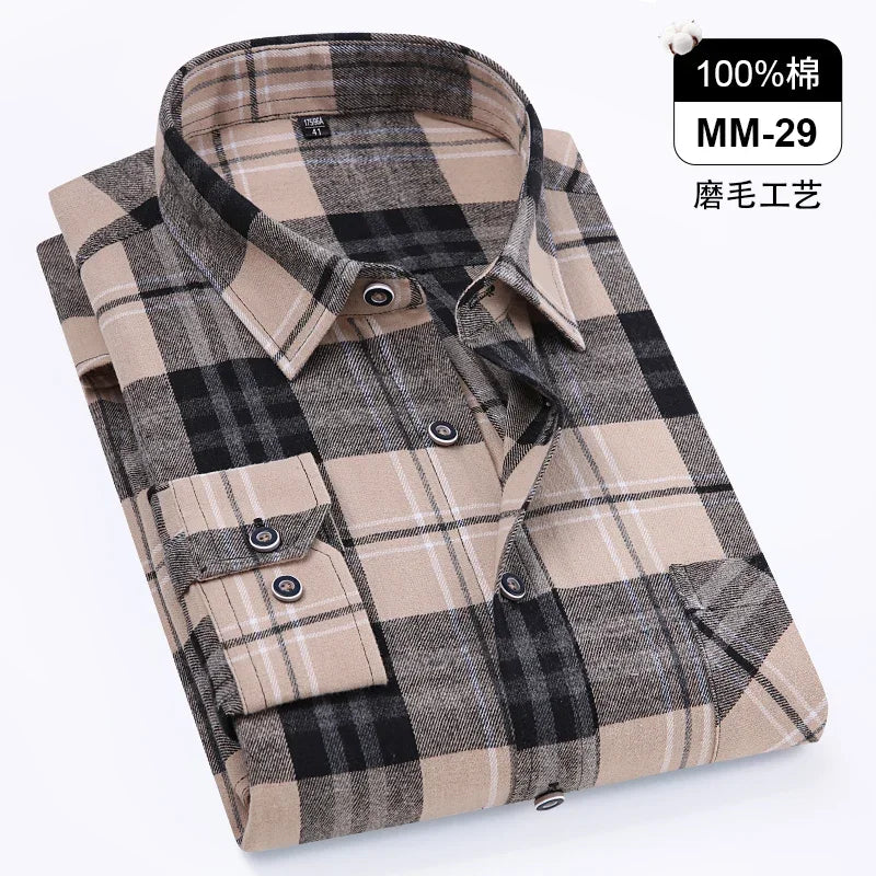 Men's 100% Pure Cotton Flannel Soft Regular-fit Long Sleeve Brushed  Shirt Single Pocket Comfortable Casual Plaid  Shirts S-8XL
