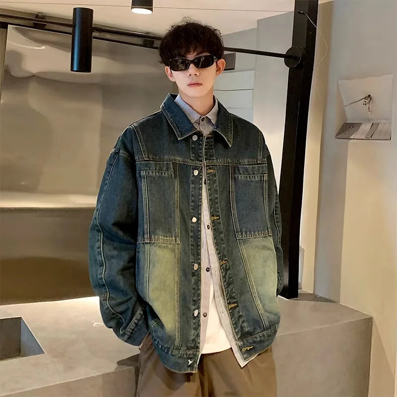 Trendy Men's Denim Jacket Autumn Winter, Ripped & Patchwork Design, Oversized Fit, Urban Street Style, Unisex