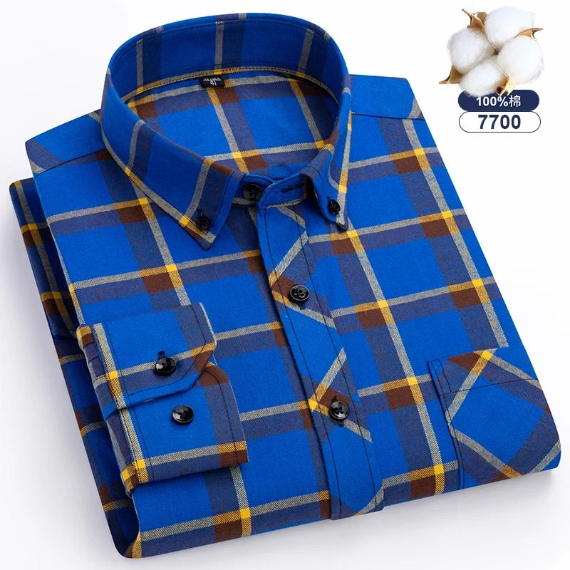 Men's 100% Pure Cotton Flannel Soft Regular-fit Long Sleeve Brushed  Shirt Single Pocket Comfortable Casual Plaid  Shirts S-8XL