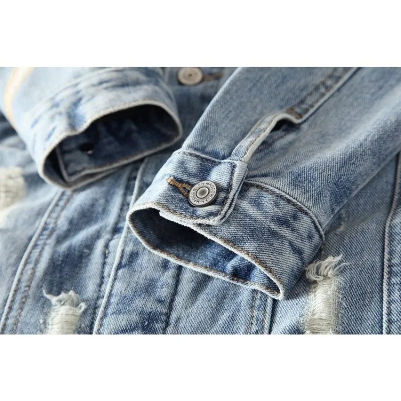 New men's denim jacket embroidered print fashion retro ripped street jacket men