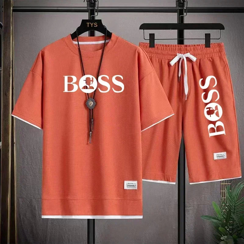 Summer 2025 new men's breathable short sleeve T-shirt + quick drying shorts two-piece outdoor fashion men's sports casual top