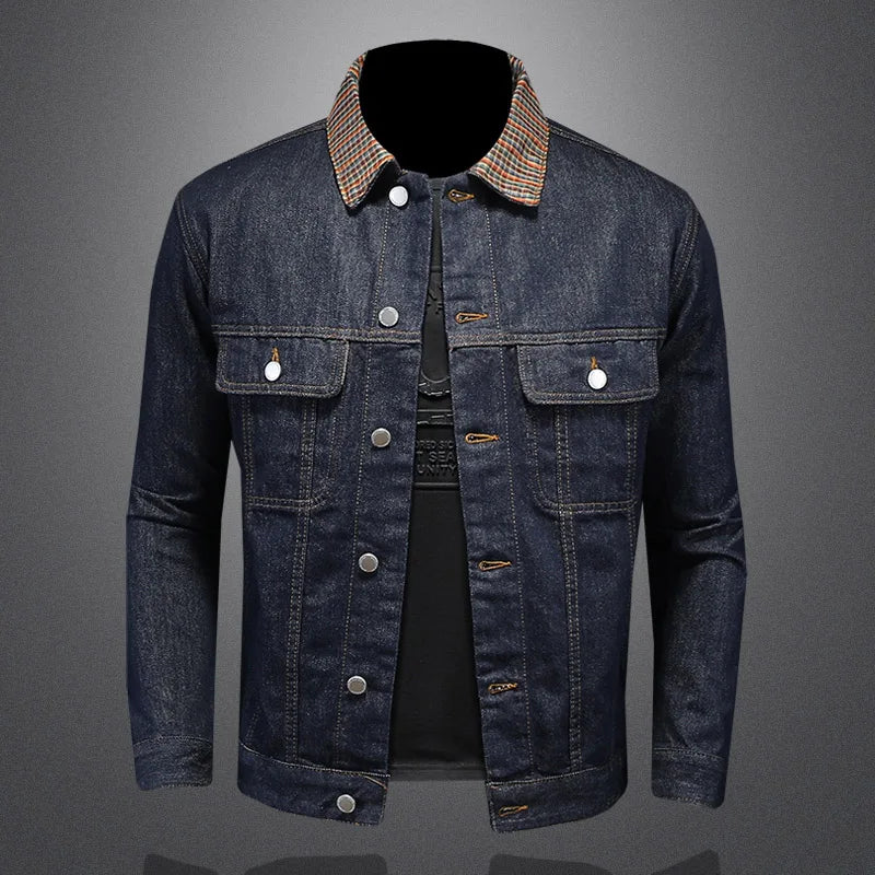 Classic Wash Denim Coat Men Patchwork Collar Men's Coat  Denim Jacket  Tech-wear Coat