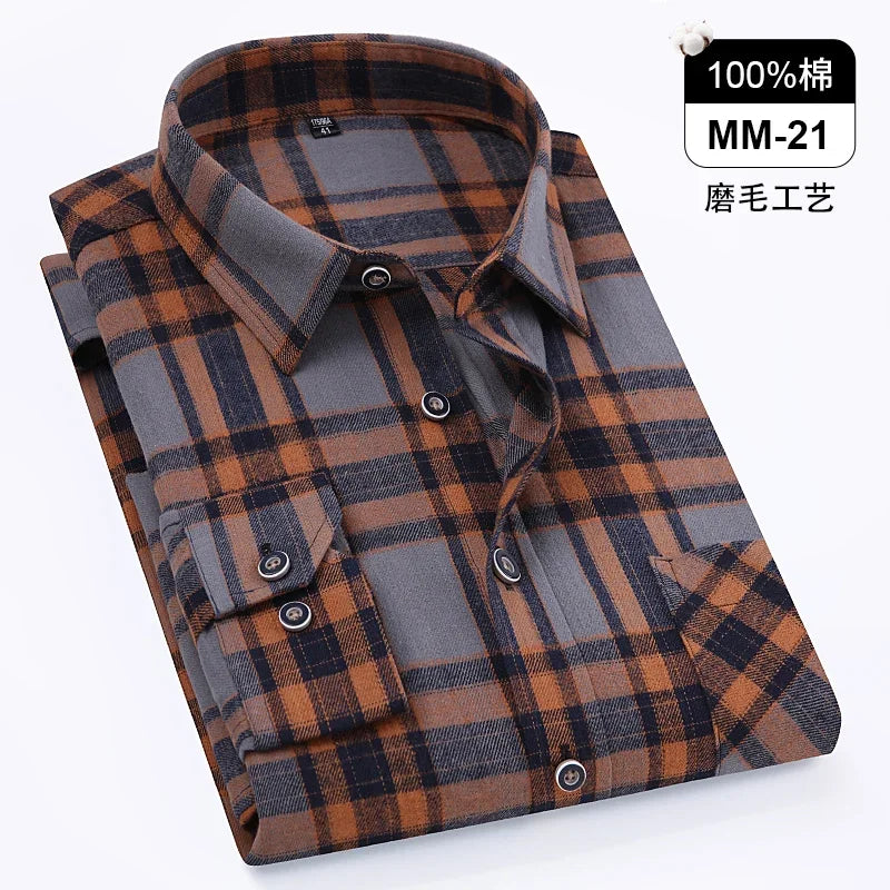 Men's 100% Pure Cotton Flannel Soft Regular-fit Long Sleeve Brushed  Shirt Single Pocket Comfortable Casual Plaid  Shirts S-8XL