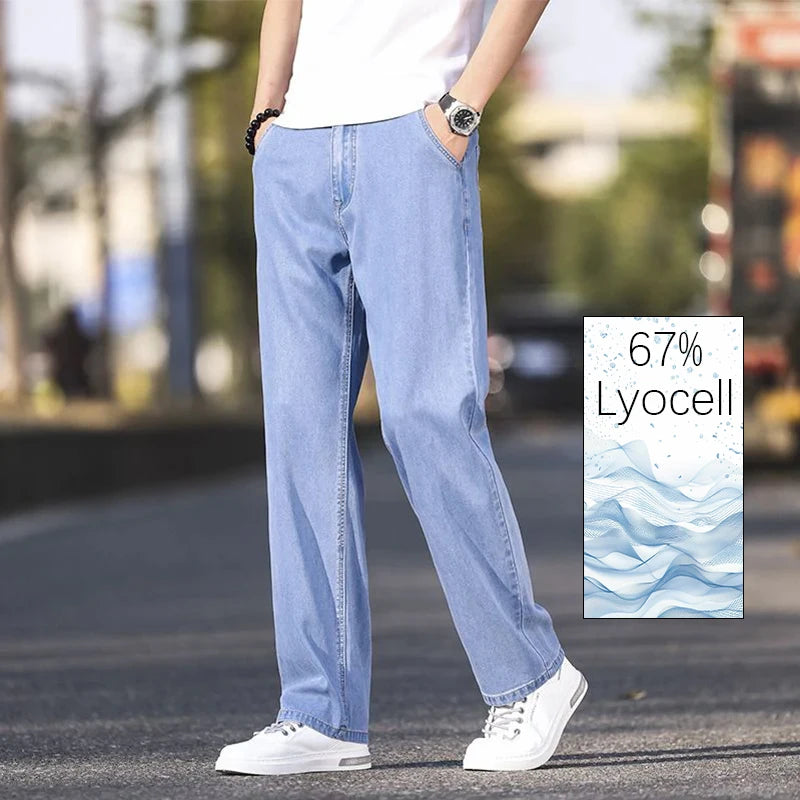 2025 New Ice Silk Thin Denim Jeans For Men Blue Straight Stretch Cotton Pants Business Casual Lightweight Trousers Spring Summer