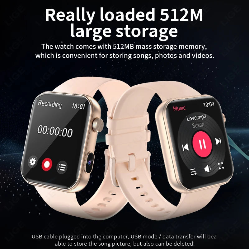 LIGE 512MB Memory Camera Smartwatch Women Take Photo Recording Video Health Monitor Wireless Call Smart Watch 100+ Dynamic Dials
