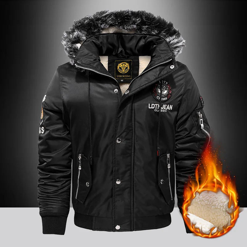 Men's Winter Warm, Hooded Jacket with Raw Edge, Lined Aviator Jacket, Embroidered Badge Design, Windproof and Waterproof Jacket