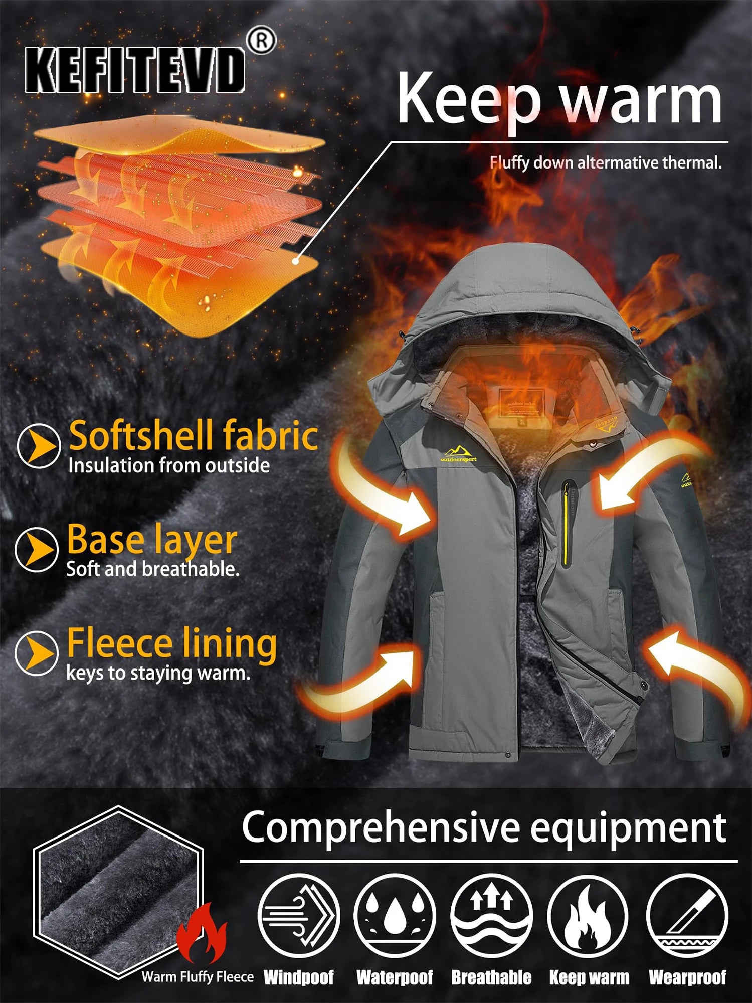 KEFITEVD Winter Heavy Ski Jacket Waterproof Warm Fleece Jackets Outdoor Thermal Breathable Hiking Jacket Windbreaker Snow Parka