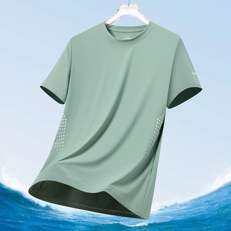 Men's Silk Ice Round Collar T-shirt, Simple Running Fitness Suit, Breathable Thin T-shirt, Quick Dry T-shirt, Summer