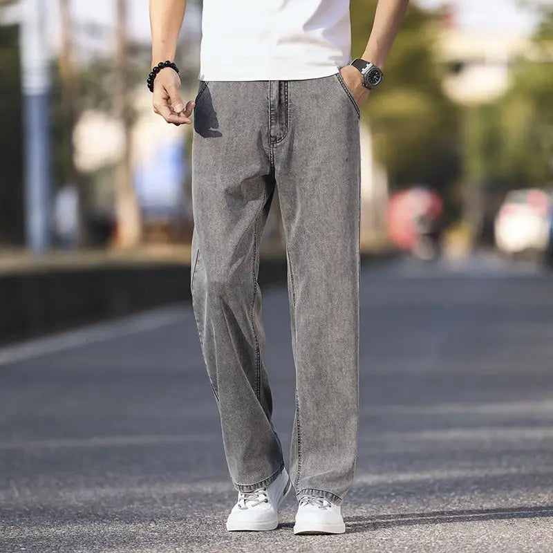 2025 New Ice Silk Thin Denim Jeans For Men Blue Straight Stretch Cotton Pants Business Casual Lightweight Trousers Spring Summer
