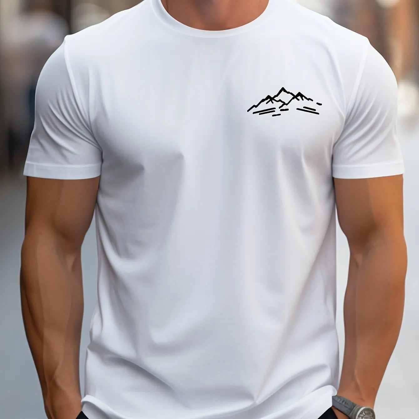 Men's summer 100 cotton fashionable casual sports loose plus size mountain pattern printed round neck short sleeved T-shirt
