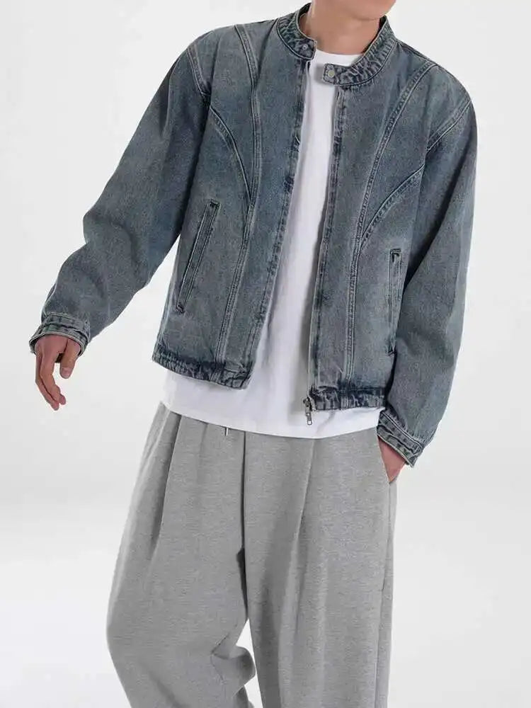 Korean Style Men's Wear Stand Collar Short Denim Jackets Niche Design Male Loose Zipper Coats New 2025 Autumn