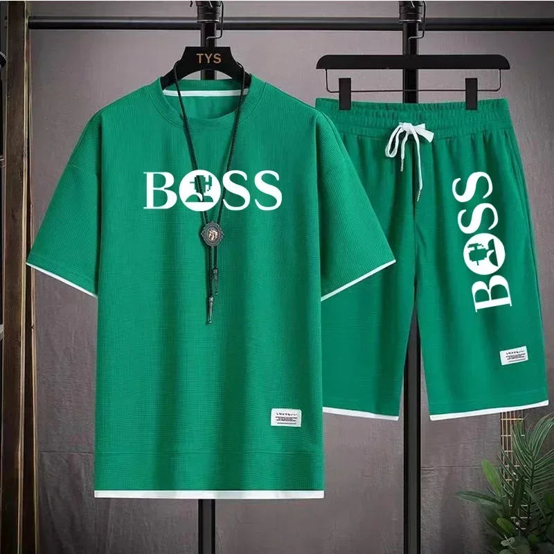 Summer 2025 new men's breathable short sleeve T-shirt + quick drying shorts two-piece outdoor fashion men's sports casual top