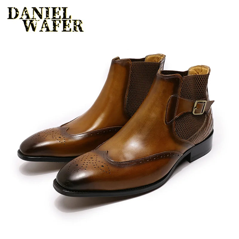 Men's Luxury Genuine Leather Chelsea Boots Ankle High Grade Slip-On Buckle Strap Wingtip Brown Black Basic Shoes