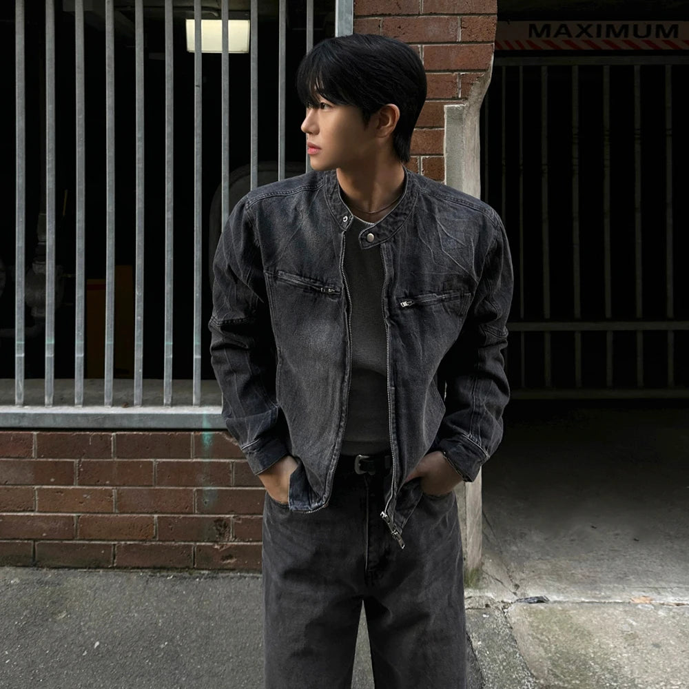 SYUHGFA High Street Men's Short Denim Coats Stand Collar Solid Color Loose Zipper Washing Male Jackets 2025 Spring Korean Style