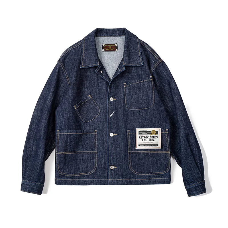 Maden Vintage Asymmetrical Four-pocket 14oz Denim Jacket Lapel Single-breasted Jacket Navy Blue Cotton Work Coat for Men's Fall