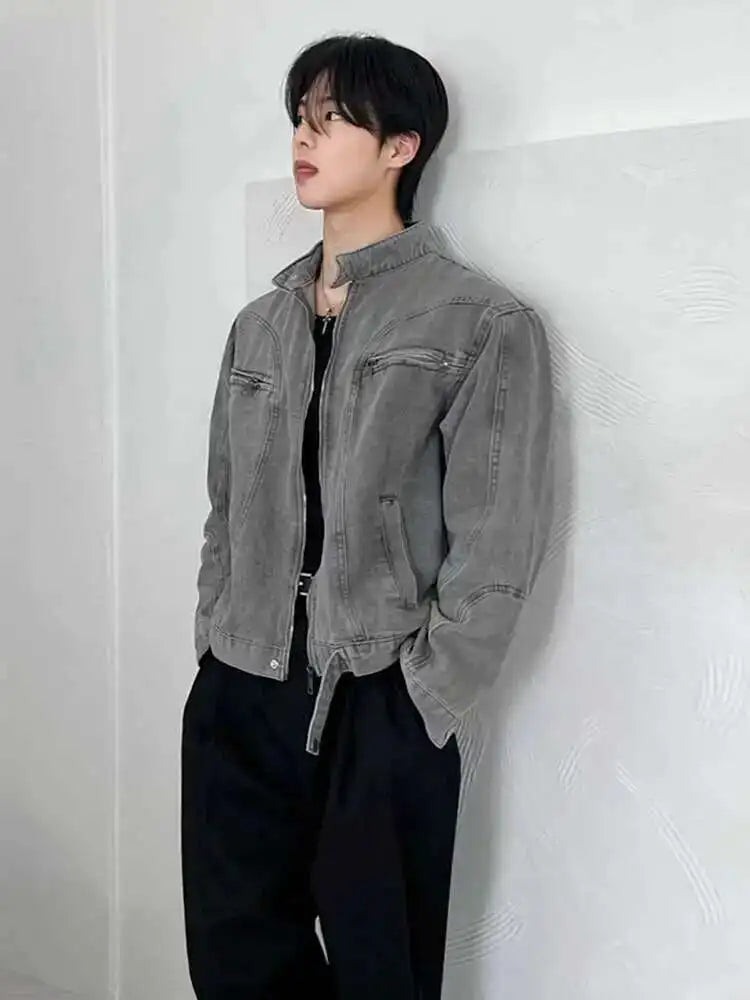 Stand Collar Solid Color Men's Denim Jackets Zipper Patchwork Korean Style Casual Tops Loose Short Male Coat 2025 Autumn