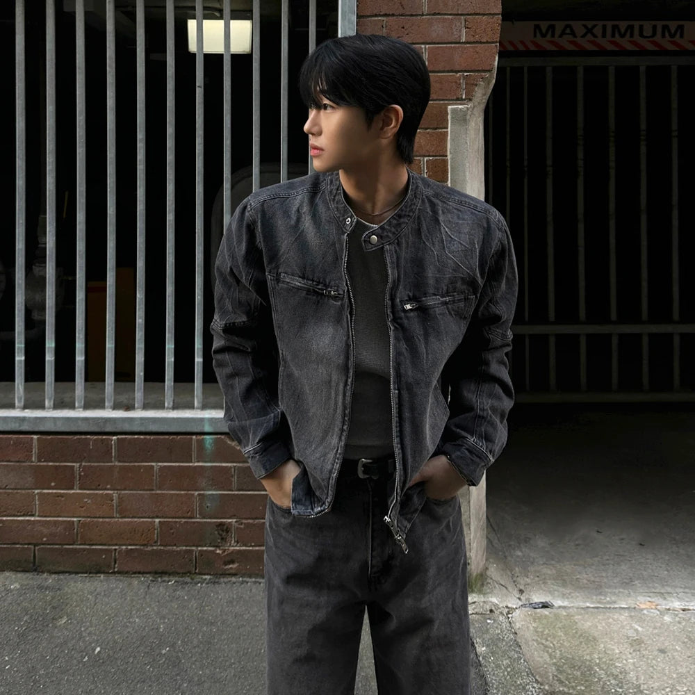 High Street Men's Short Denim Coats Stand Collar Solid Color Loose Zipper Washing Male Jackets 2025 Spring Korean Style