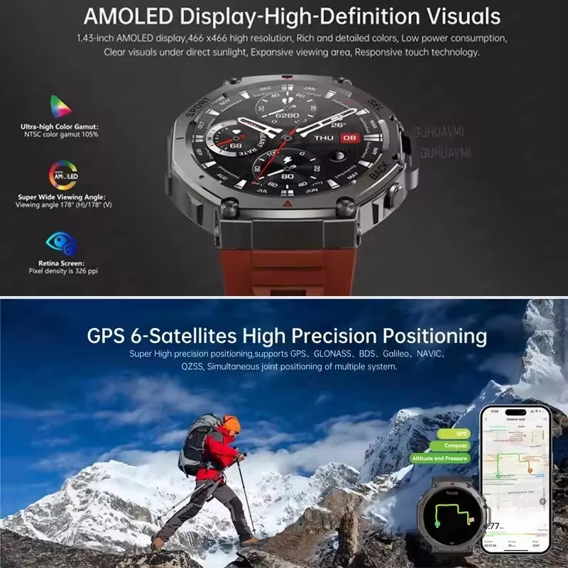 T-Rex 3 Built-in Dual-band GPS Smart Watch Men Smartwatch Compass Altimeter Barometric 5ATM IP69K Waterproof AMOLED HD Watches