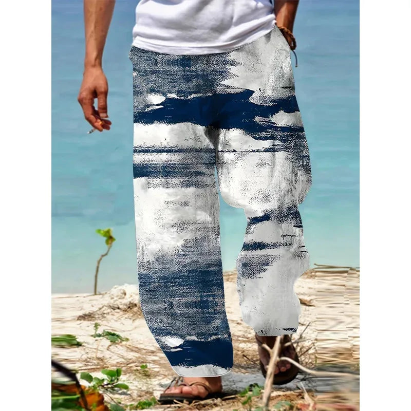 Men'S Fashion Casual Pants Comfortable  3D Printed Patterns Casual Wide-Leg Design Breathable Beach Summer Outdoor Activities