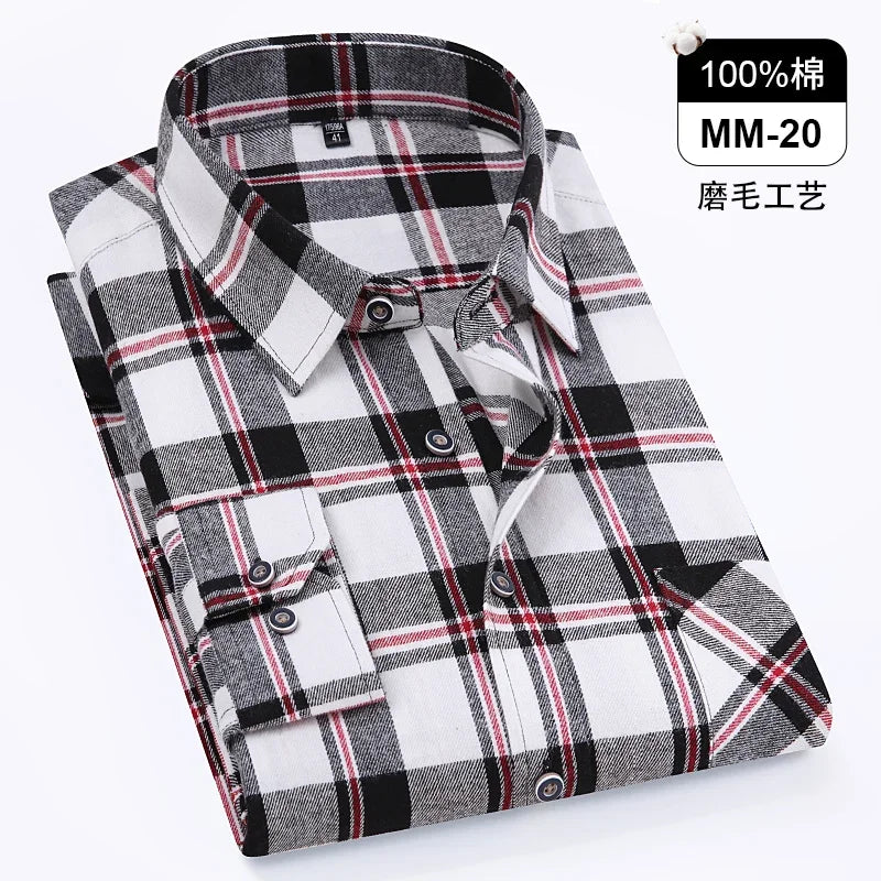 Men's 100% Pure Cotton Flannel Soft Regular-fit Long Sleeve Brushed  Shirt Single Pocket Comfortable Casual Plaid  Shirts S-8XL