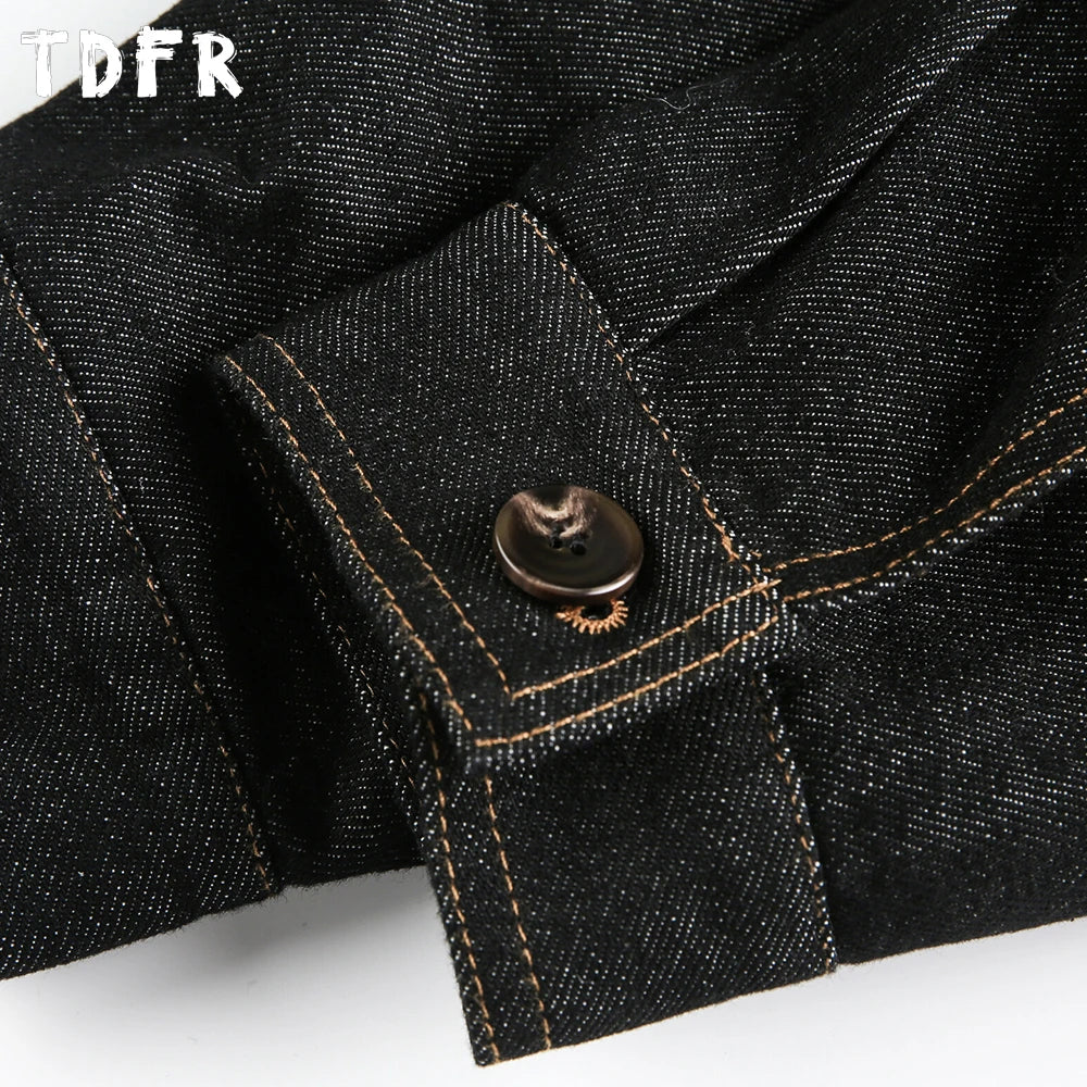 Big Pocket Denim Cargo Jacket Mens Autumn Retro Casual Spliced Lapel Loose Long Sleeve Outerwear Man