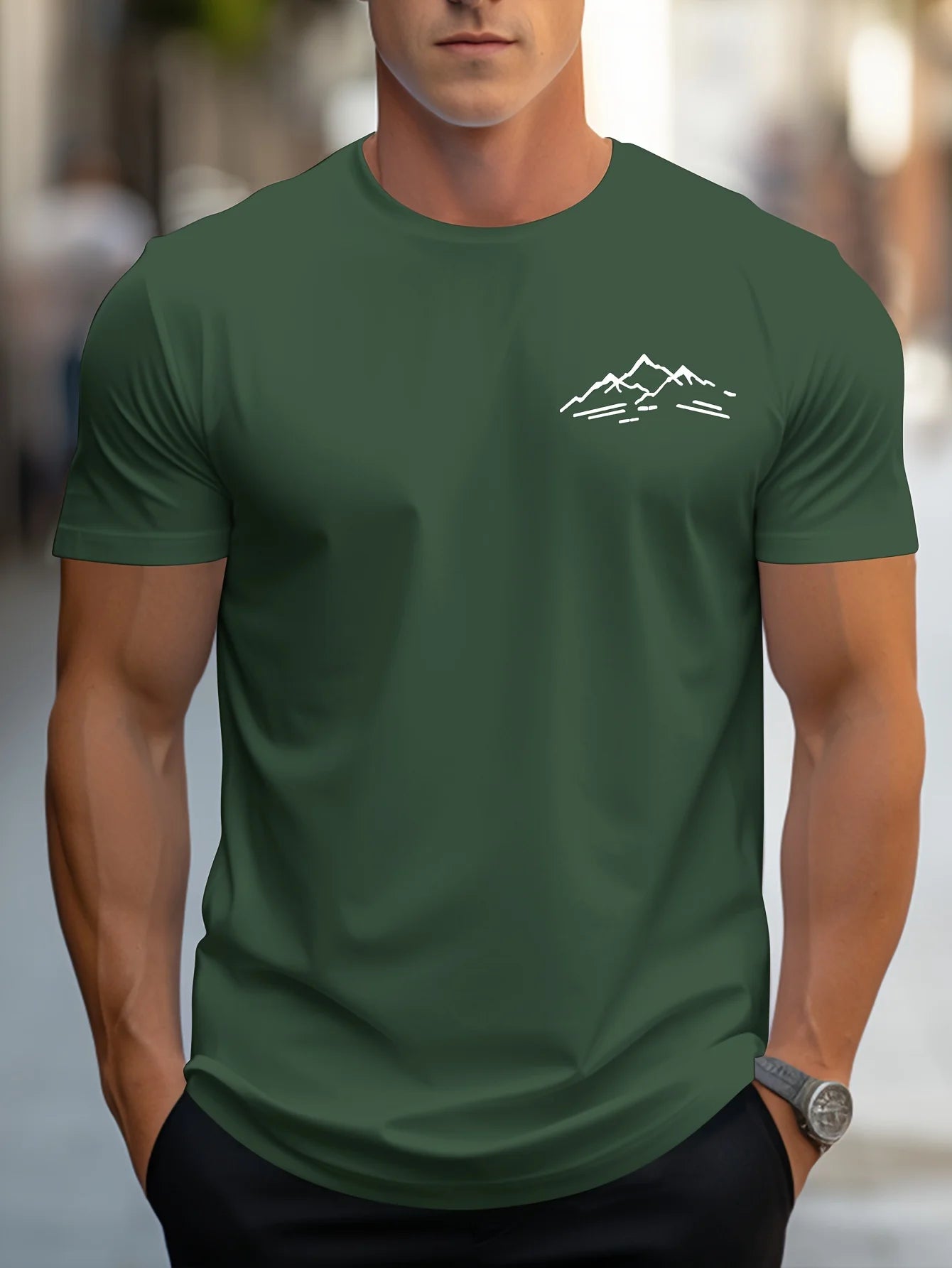 Men's summer 100 cotton fashionable casual sports loose plus size mountain pattern printed round neck short sleeved T-shirt