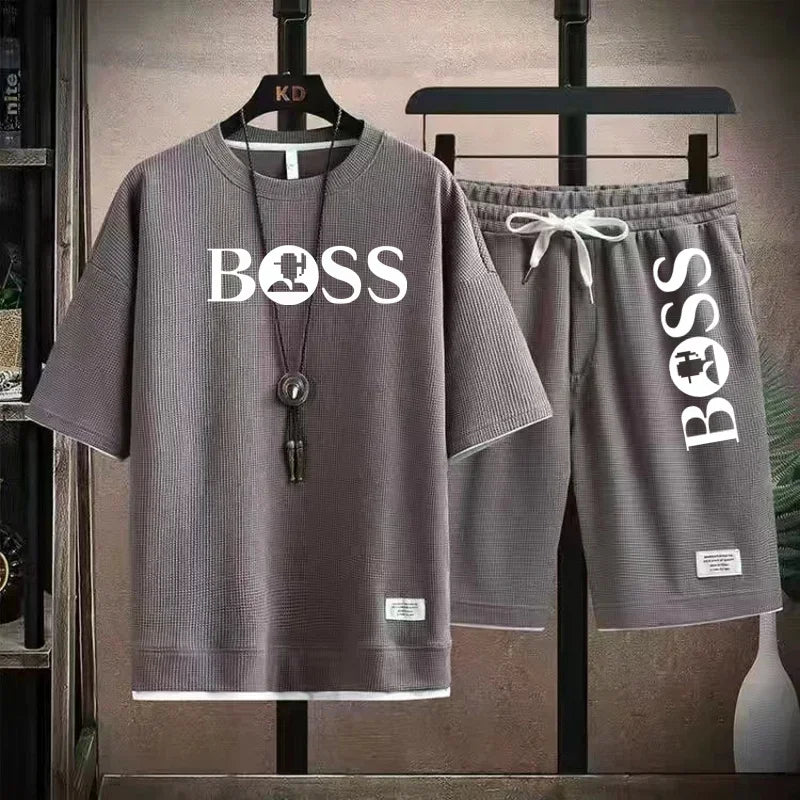 Summer 2025 new men's breathable short sleeve T-shirt + quick drying shorts two-piece outdoor fashion men's sports casual top