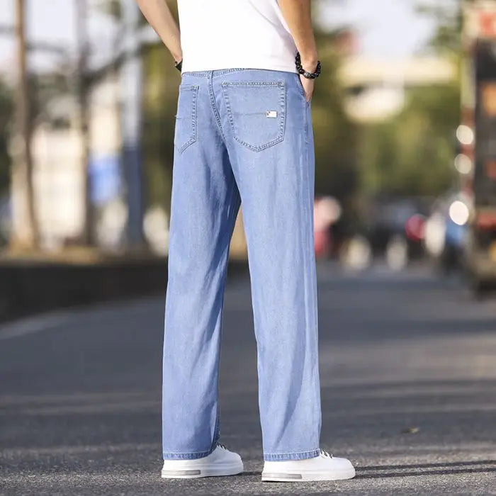2025 New Ice Silk Thin Denim Jeans For Men Blue Straight Stretch Cotton Pants Business Casual Lightweight Trousers Spring Summer