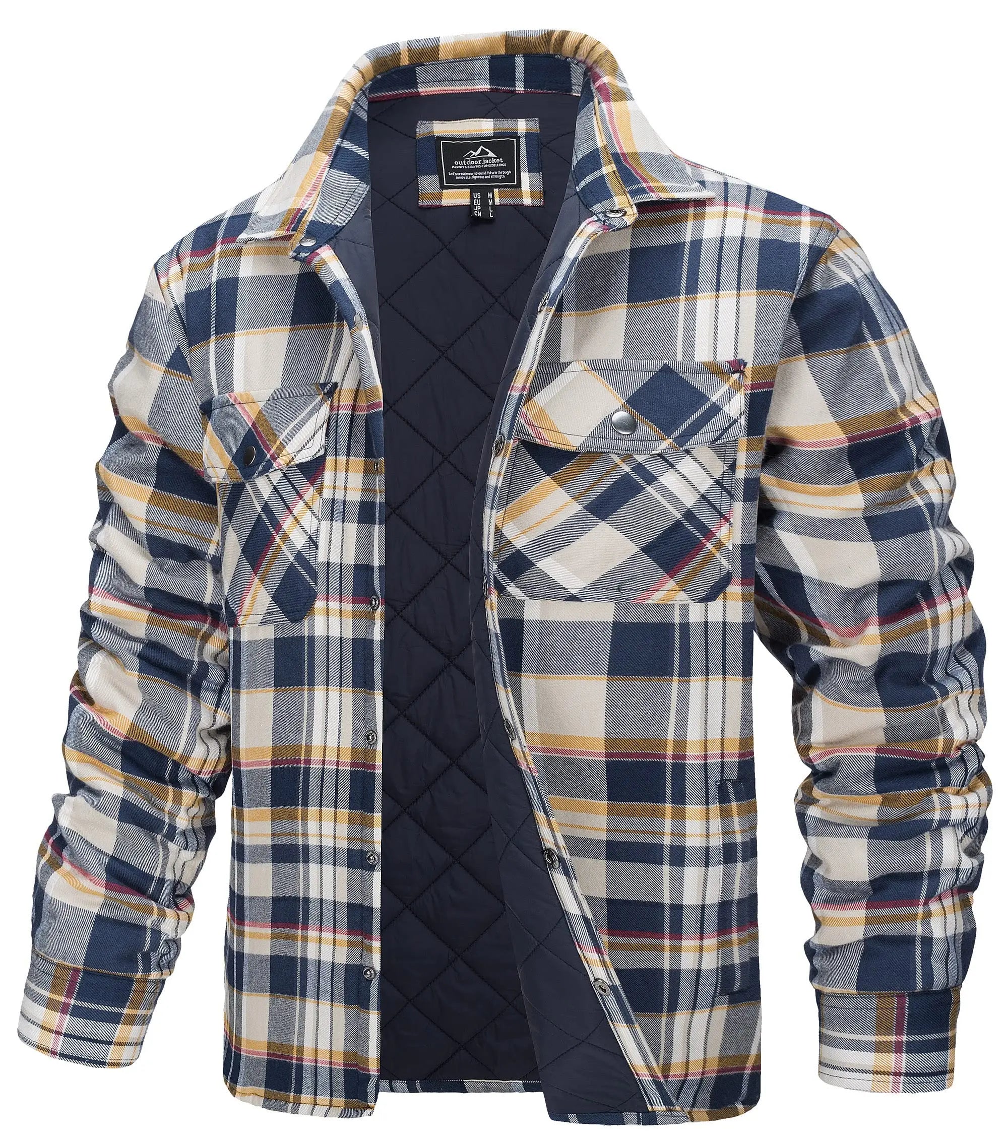TACVASEN Winter Plaid Cotton Jackets Mens Long Sleeve Quilted Lined Flannel Shirt Jacket Multi-Pockets Outwear Hiking Coats Tops