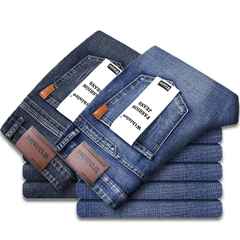 2-piece Set  WhinLEE Black and Blue Business Elite Jeans, Summer Micro Elastic Straightleg Multicraft High-quality Denim Pants