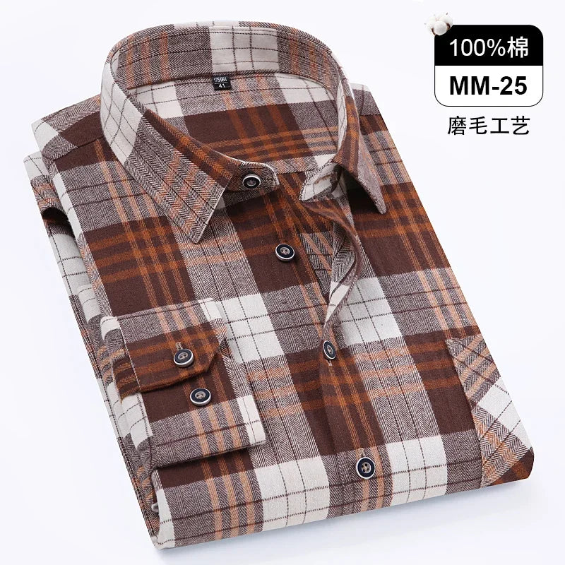 Men's 100% Pure Cotton Flannel Soft Regular-fit Long Sleeve Brushed  Shirt Single Pocket Comfortable Casual Plaid  Shirts S-8XL