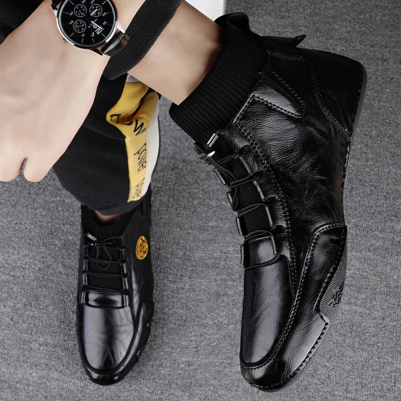 CLOHOO Men's Wear-resistant Boots Casual Classic Genuine Leather Handmade Shoes Ankle Round Toe Lace Up Walking Business Boot