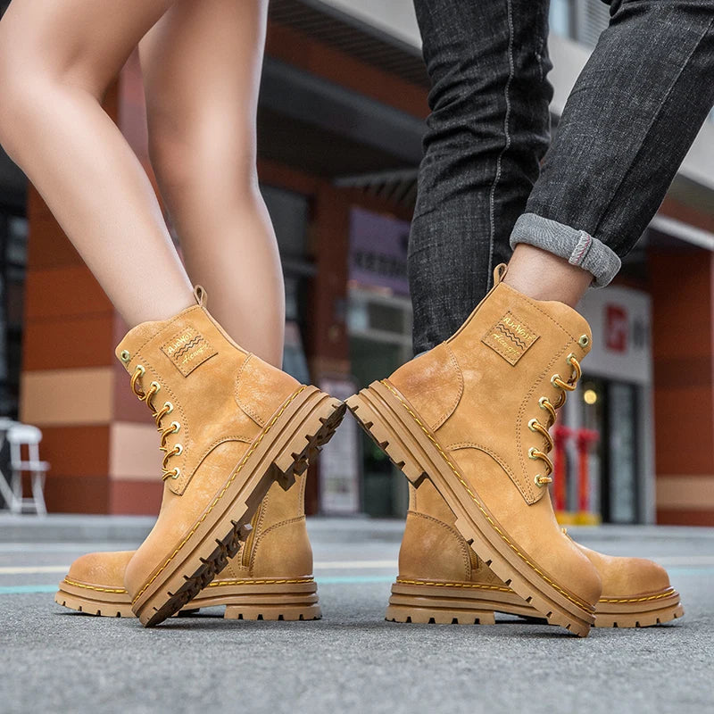 Men winter high top genuine leather boots couple anti-slip motorcycle boots lace-up shoes fashion zipper men boots large size 47