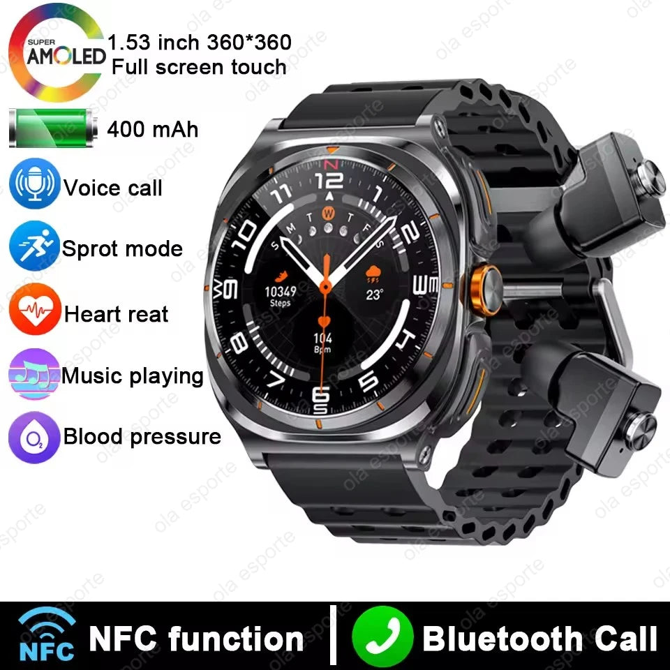 New GT98 Smart Watch TWS Headset 2 In 1 AMOLED Wireless Headset Bluetooth Call Outdoor Sport Music Health Monitor Smartwatch Men