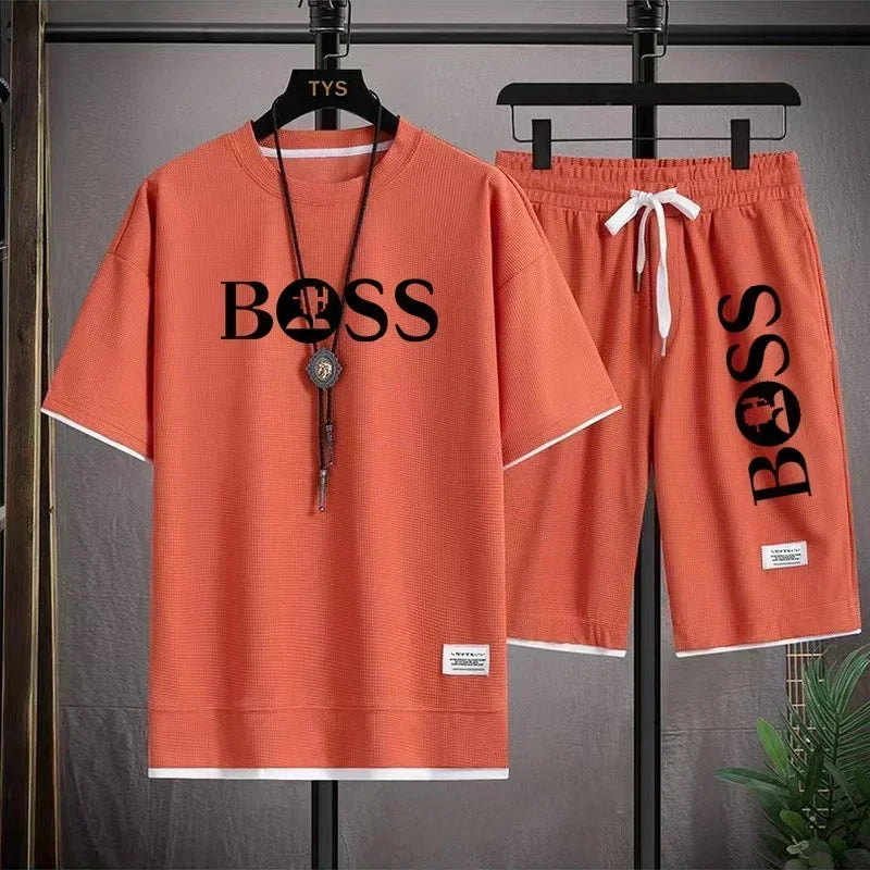Summer 2025 new men's breathable short sleeve T-shirt + quick drying shorts two-piece outdoor fashion men's sports casual top