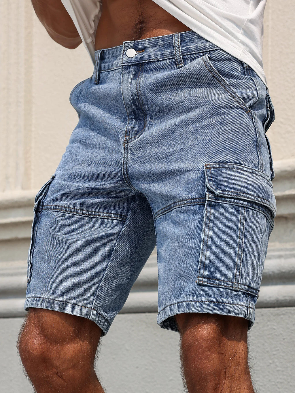 Men's summer blue regular denim shorts. Multi-pocket design. Stylish and casual.