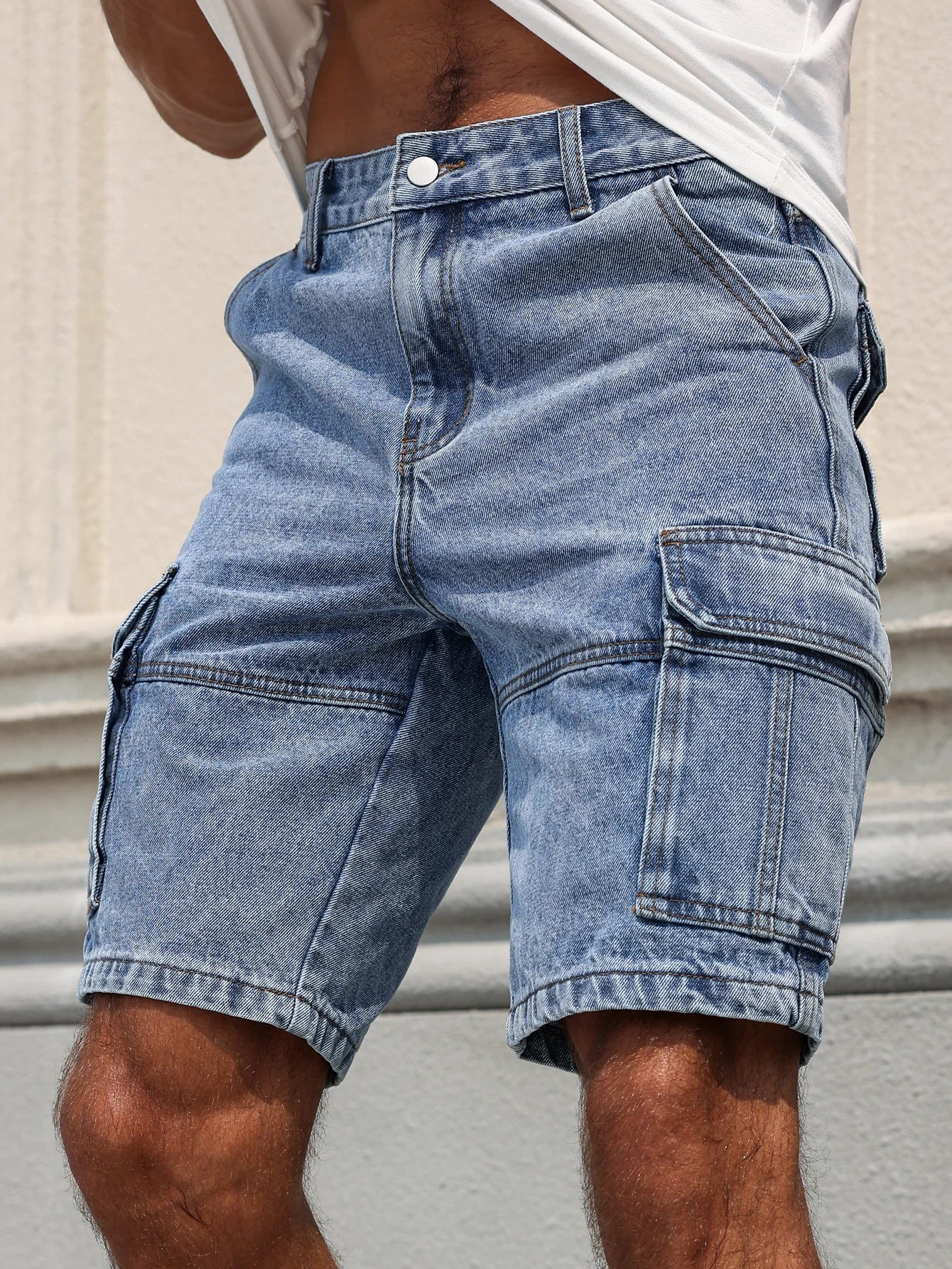 Men's summer blue regular denim shorts. Multi-pocket design. Stylish and casual.