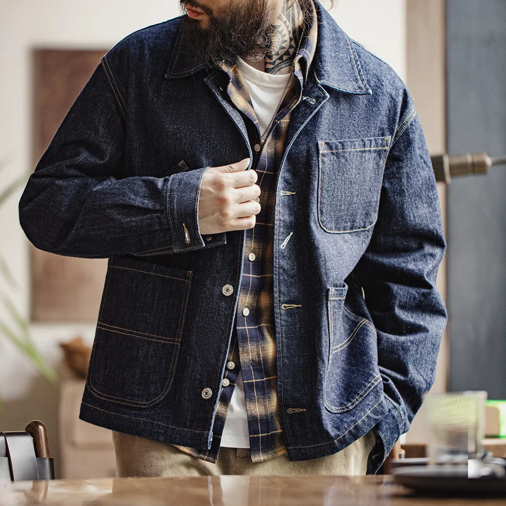 Maden Vintage Asymmetrical Four-pocket 14oz Denim Jacket Lapel Single-breasted Jacket Navy Blue Cotton Work Coat for Men's Fall