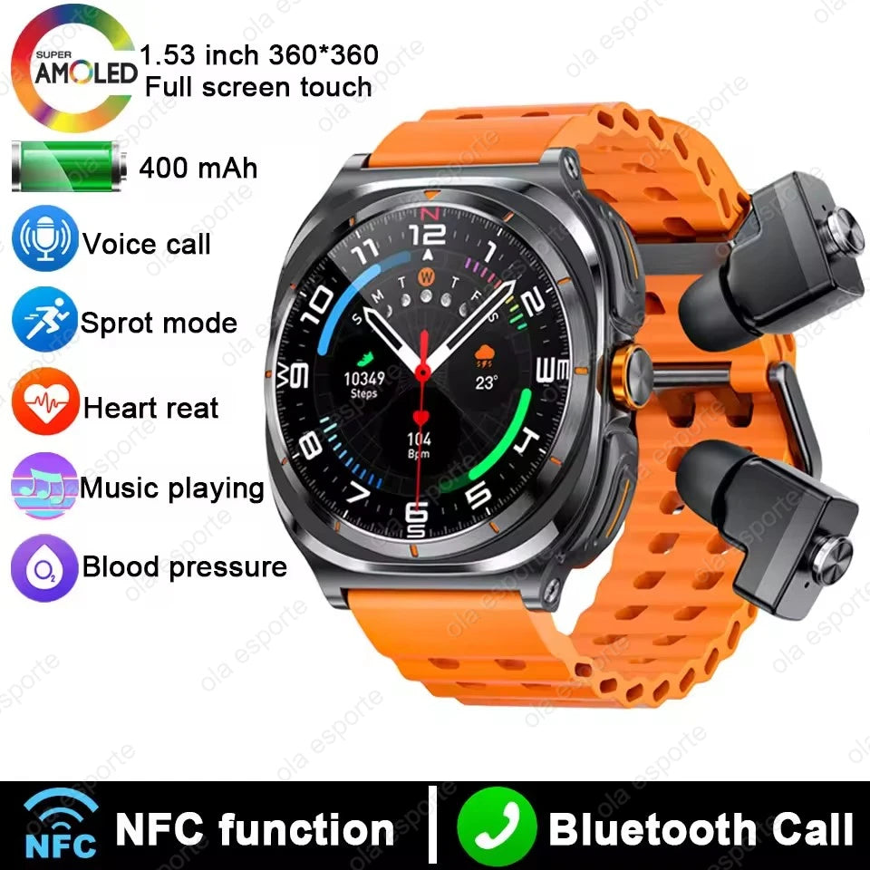 New GT98 Smart Watch TWS Headset 2 In 1 AMOLED Wireless Headset Bluetooth Call Outdoor Sport Music Health Monitor Smartwatch Men