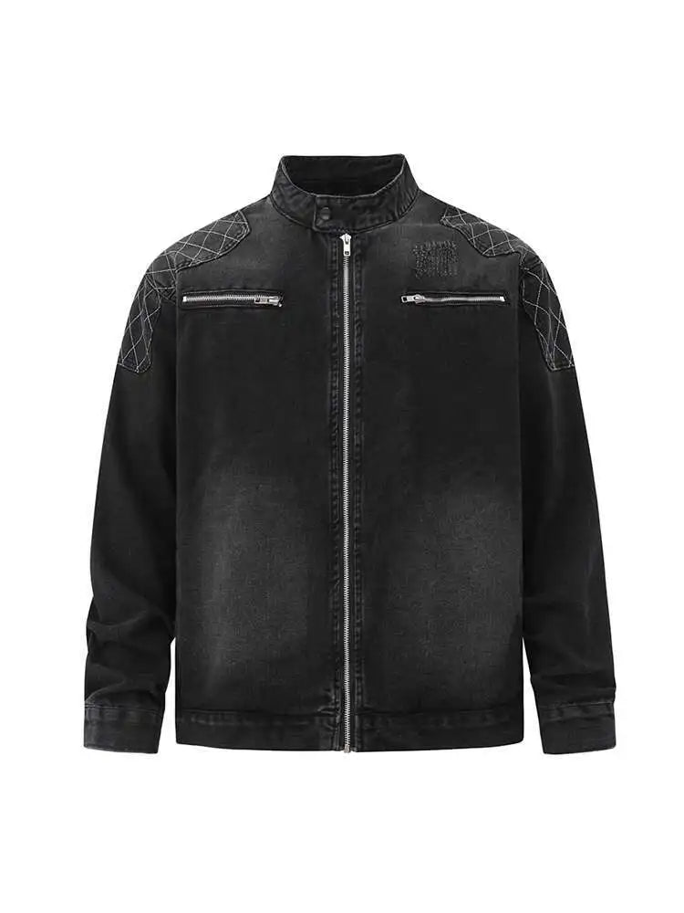 SYUHGFA 2025 Autumn Stand Collar Solid Color Men's Wear Denim Jackets Zipper Patchwork Korean Style Casual Loose Short Male Coat