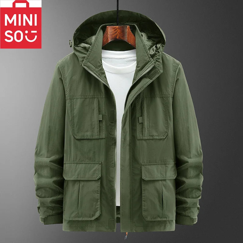 MINISO2024 new assault jacket, casual outdoor hooded plus size jacket, men's middle-aged and elderly jacket, autumn and winter o