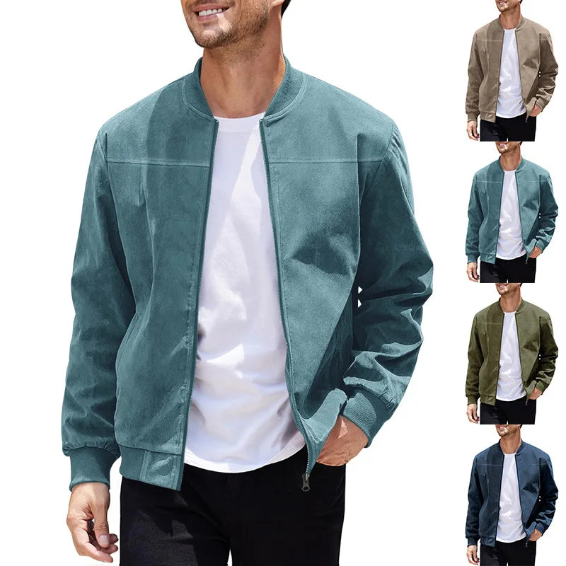 Amazon Suede Solid Color Zipper Jacket Casual Vintage Long Sleeve Cardigan Jacket Men