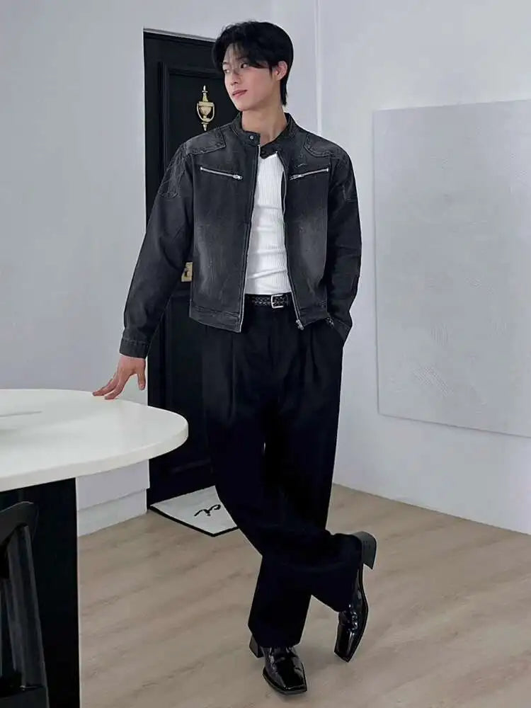 SYUHGFA 2025 Autumn Stand Collar Solid Color Men's Wear Denim Jackets Zipper Patchwork Korean Style Casual Loose Short Male Coat